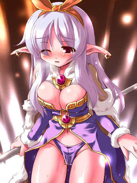 miuku (marine sapphire), ragnarok online, character request, 1girl, blush, breasts, bursting breasts, cleavage, earrings, female focus, hairband, jewelry, large breasts, navel, one eye closed, panties, pointy ears, sex toy, solo, sweat, underwear, vibrator, vibrator under clothes, vibrator under panties, wince, wink