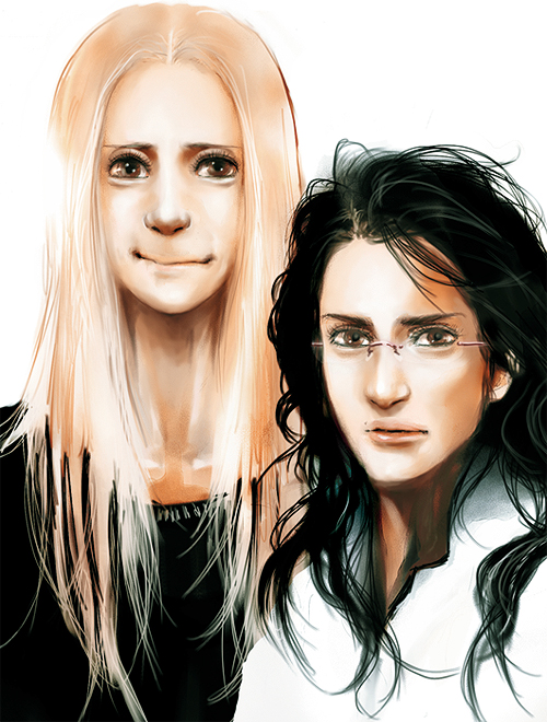 nakamura ching, gunjou, 2girls, black hair, blonde hair, glasses, long hair, long sleeves, looking at viewer, multiple girls, shirt, sweater, upper body, white shirt