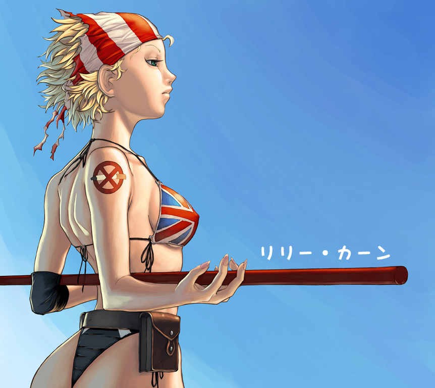 nekkeau, billy kane, lilly kane, snk, the king of fighters, 1girl, ass, bandana, belt, belt pouch, bikini, blonde hair, blue eyes, breasts, character name, collarbone, elbow pads, female focus, flag print, flag print bikini, genderswap, genderswap (mtf), medium breasts, pouch, print bikini, short hair, sideboob, solo, staff, swimsuit, tattoo, thong bikini, union jack