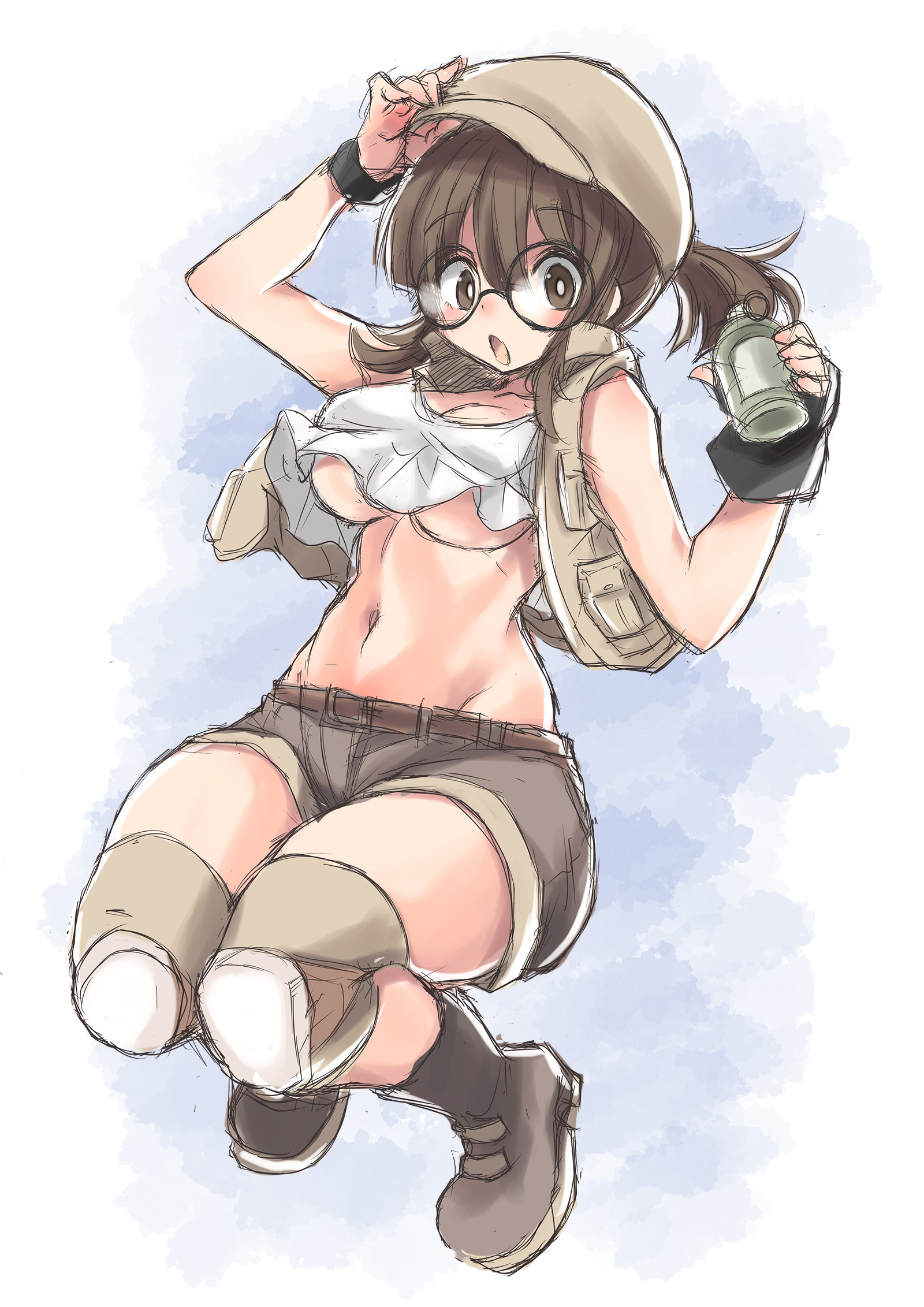 garnet.planet, fio germi, metal slug, commentary request, highres, partial commentary, 1girl, bare shoulders, belt, black gloves, boots, breasts, bright pupils, brown belt, brown boots, brown eyes, brown hair, brown hat, brown shorts, brown vest, explosive, fingerless gloves, full body, glasses, gloves, grenade, hat, holding, holding grenade, knee pads, large breasts, looking at viewer, navel, open clothes, open mouth, open vest, ponytail, round eyewear, short shorts, shorts, solo, stomach, tank top, underboob, vest, white pupils, white tank top