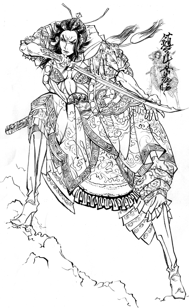 nakamura ching, tagme, greyscale, monochrome, samurai, sketch, solo, sword, weapon