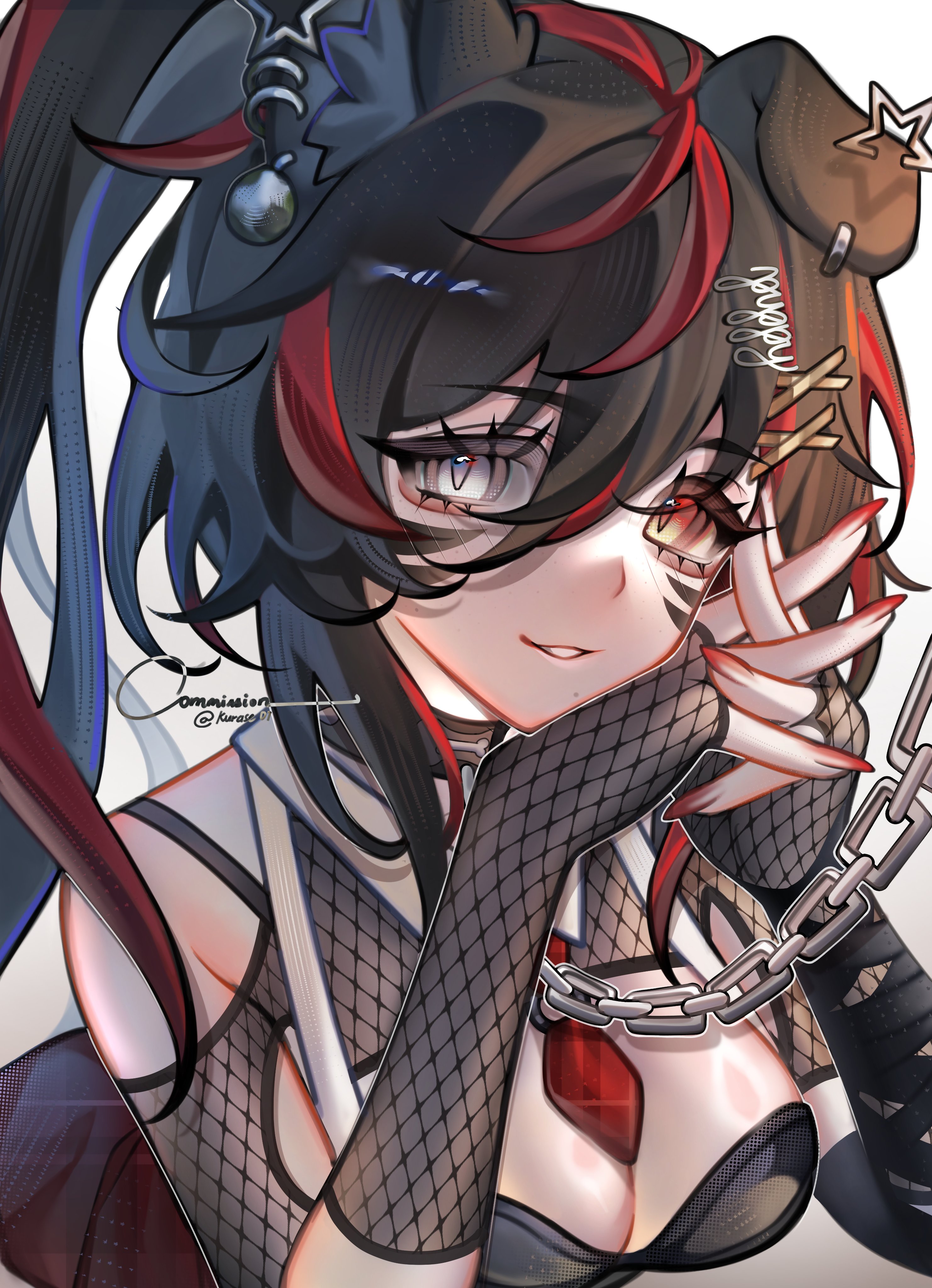 kurase 07, original, absurdres, commentary, commission, english commentary, highres, vgen commission, 1girl, animal ear piercing, animal ears, bare shoulders, black choker, black hair, breasts, choker, choppy bangs, cleavage, dog ears, dog girl, facial mark, fingernails, fishnets, grey eyes, hair between eyes, hair ornament, hands up, heterochromia, long fingernails, long hair, looking at viewer, medium breasts, multicolored hair, nail polish, orange eyes, own hands together, parted lips, red nails, red streaks, simple background, smile, solo, streaked hair, upper body, white background, x hair ornament