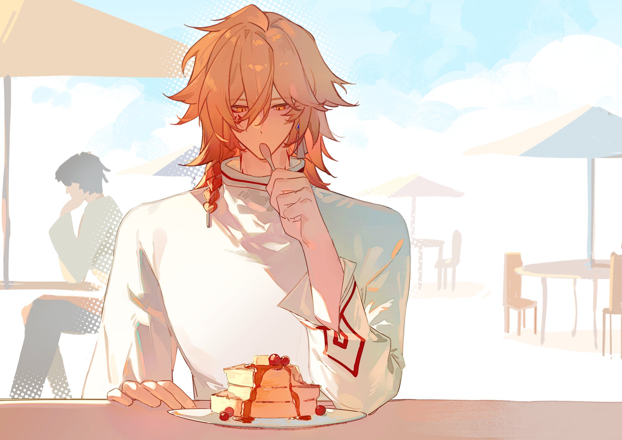 mydei (honkai: star rail), honkai: star rail, honkai (series), hashtag-only commentary, highres, 1boy, blonde hair, braid, facial tattoo, food, gradient hair, hair between eyes, holding, holding spoon, male focus, medium hair, mianbao52473339, multicolored hair, pancake, pancake stack, red hair, red tattoo, shirt, side braid, solo, spoon, tattoo, turtleneck, turtleneck shirt, white shirt, yellow eyes