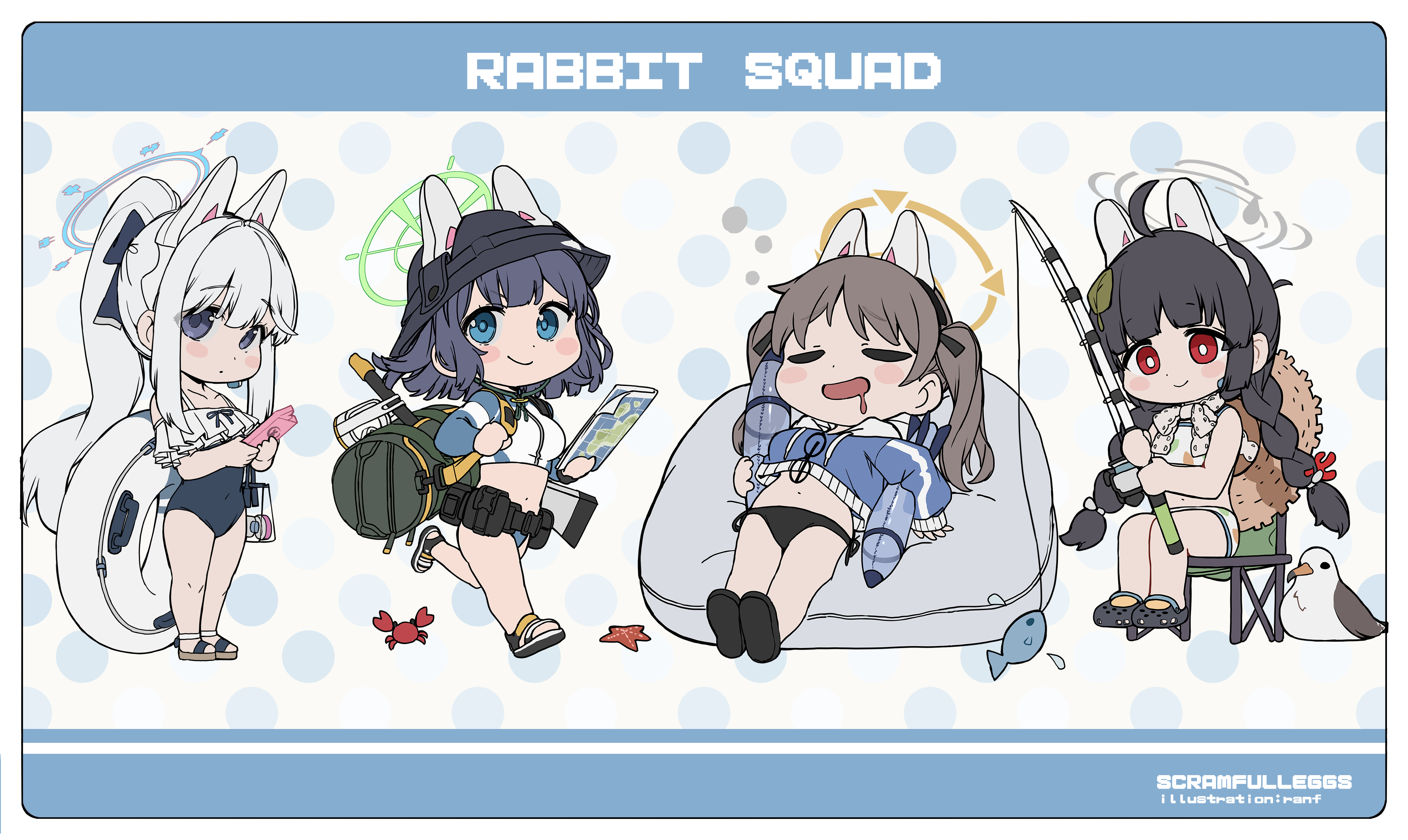 ranf, miyako (blue archive), miyako (swimsuit) (blue archive), miyu (blue archive), miyu (swimsuit) (blue archive), moe (blue archive), moe (swimsuit) (blue archive), saki (blue archive), saki (swimsuit) (blue archive), blue archive, absurdres, commentary request, highres, 4girls, :d, ahoge, animal, bare shoulders, bikini, bird, black-framed eyewear, black bikini, black bow, black hair, black hat, black one-piece swimsuit, black sandals, black shoes, blue bikini, blue eyes, blue hair, blue hoodie, blush stickers, bow, braid, breasts, brown hair, brown sandals, chibi, closed mouth, crocs, drawstring, drooling, eyewear hang, frilled one-piece swimsuit, frills, grey eyes, grey hair, hair bow, halo, hat, headgear, hood, hood down, hoodie, innertube, large breasts, leaf, leaf on head, leaf print, long hair, low twintails, mouth drool, multiple girls, navel, off-shoulder one-piece swimsuit, off shoulder, one-piece swimsuit, open mouth, ponytail, print bikini, rabbit platoon (blue archive), rash guard, red eyes, running, sandals, seagull, shoes, side-tie bikini bottom, sitting, smile, standing, swim ring, swimsuit, twin braids, twintails, unworn eyewear, very long hair, white bikini