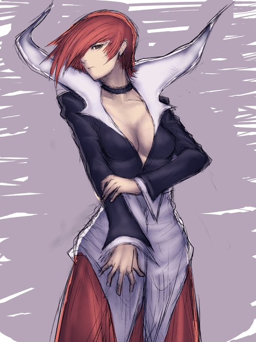 fumio (rsqkr), yagami iori, snk, the king of fighters, 1girl, breasts, brown eyes, choker, cleavage, collar, collarbone, expressionless, female focus, genderswap, genderswap (mtf), hand on own arm, head tilt, holding own arm, large breasts, long sleeves, looking at viewer, pants, red hair, red pants, short hair, solo, standing