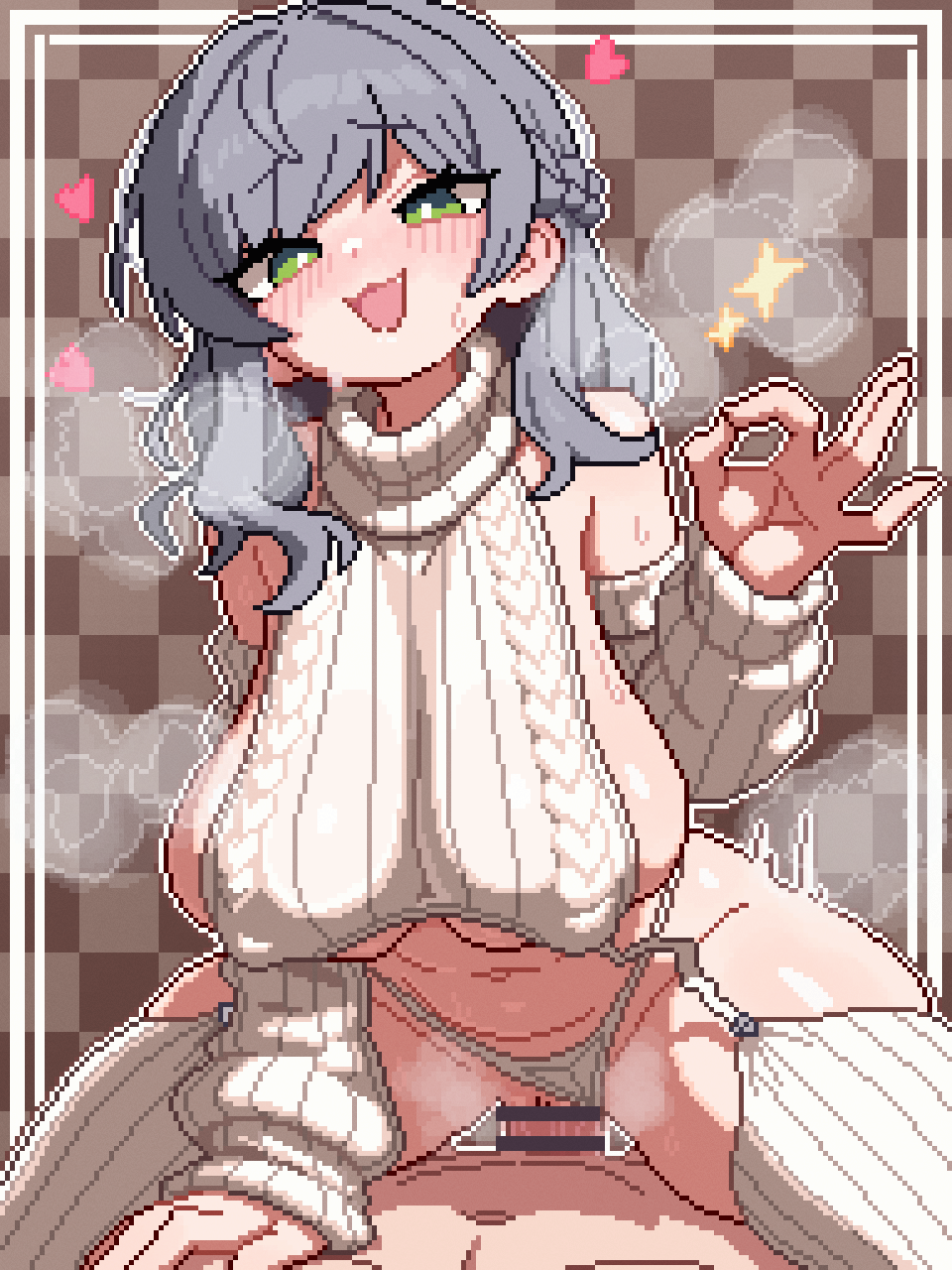 sh339, original, commission, highres, pixiv commission, 1boy, 1girl, bar censor, braid, breasts, censored, clothing aside, cowboy shot, cowgirl position, green eyes, grey hair, half-closed eyes, heart, large breasts, looking at viewer, medium hair, money gesture, open mouth, panties, panties aside, penis, pixel art, prostitution, pussy, raised eyebrows, side braid, smile, smug, solo focus, star (symbol), steam, steaming body, straddling, sweater, thighhighs, underwear, virgin killer sweater, white panties, white sweater, white thighhighs