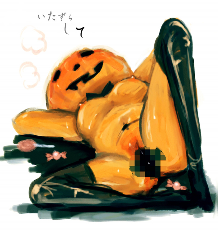 nakamura ching, 1girl, black thighhighs, boots, breasts, candy, censored, colored skin, female focus, food, halloween, jack-o'-lantern, large breasts, lying, nipples, nude, on back, orange skin, pumpkin, pumpkin hat, solo, thigh boots, thighhighs, what
