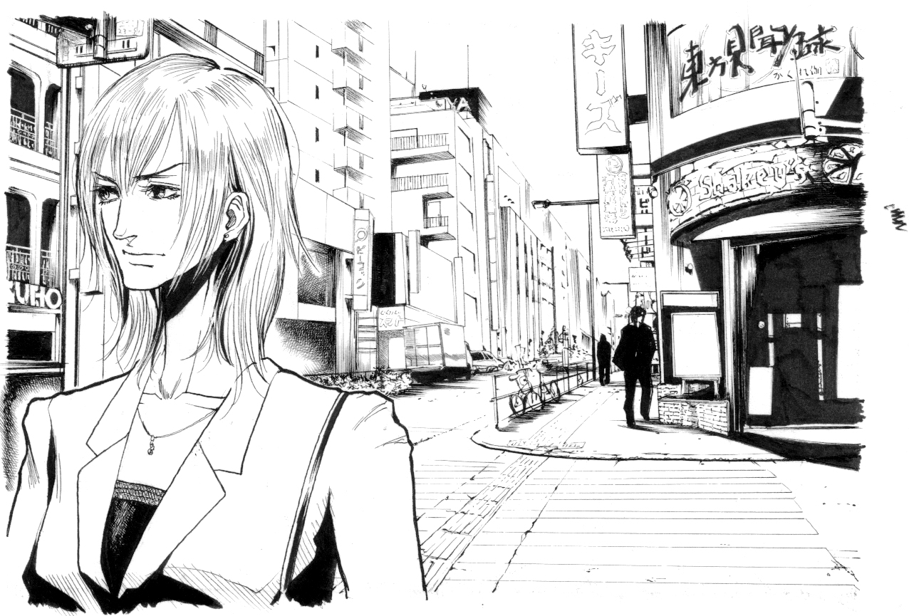 nakamura ching, 1boy, 1girl, business suit, cityscape, formal clothes, greyscale, jewelry, monochrome, necklace, suit