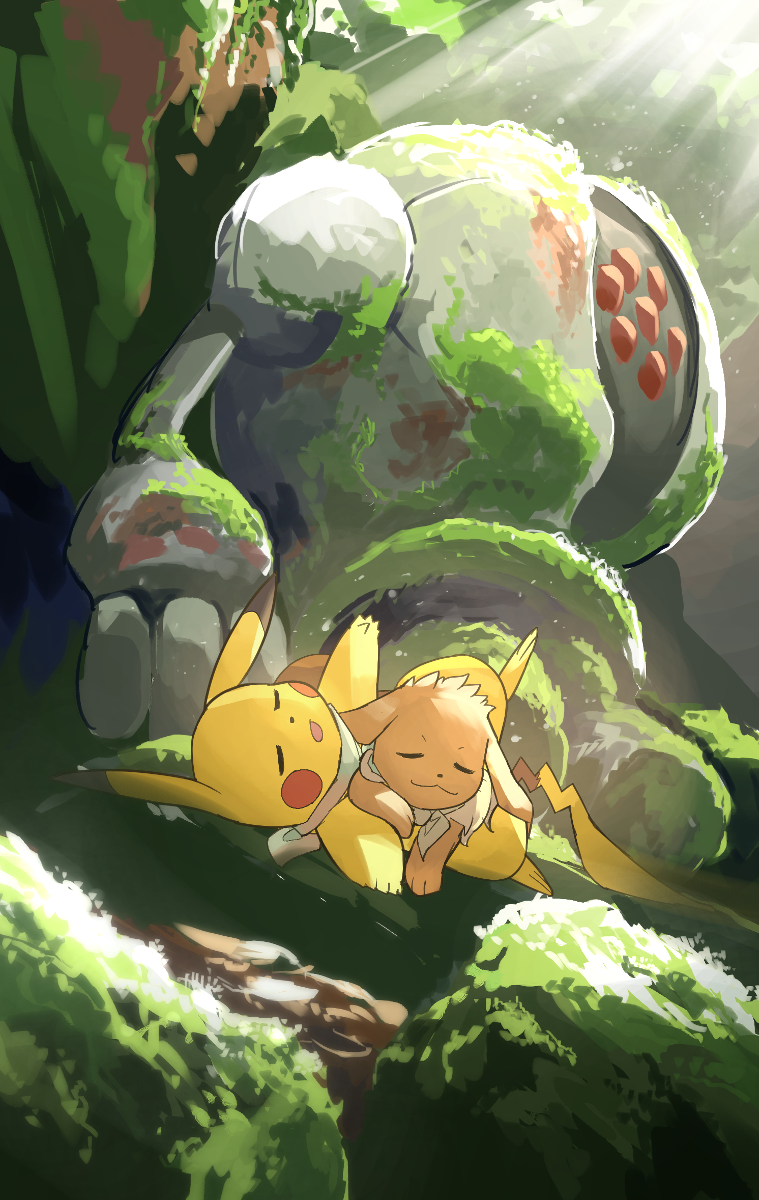 yamaori (hakkentai pokedan), eevee, pikachu, registeel, nintendo, pokemon, highres, animal focus, bandana, bandana around neck, brown fur, closed eyes, closed mouth, dappled sunlight, full body, gen 1 pokemon, gen 3 pokemon, legendary pokemon, moss, no humans, open mouth, outdoors, overgrown, pokemon (creature), pokemon focus, red eyes, rock, sleeping, sunlight, tail, white bandana