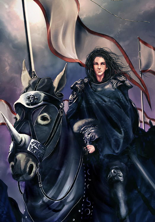 nakamura ching, 1boy, armor, barding, flag, horse, horseback riding, male focus, riding, solo, sun