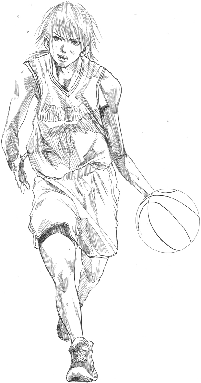 nakamura ching, gender request, highres, androgynous, ball, basketball, greyscale, monochrome, shoes, sneakers, solo, sportswear