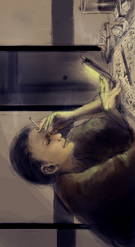 nakamura ching, gender request, androgynous, ashtray, cellphone, cigarette, head rest, indoors, phone, room, sitting, sketch, solo, table