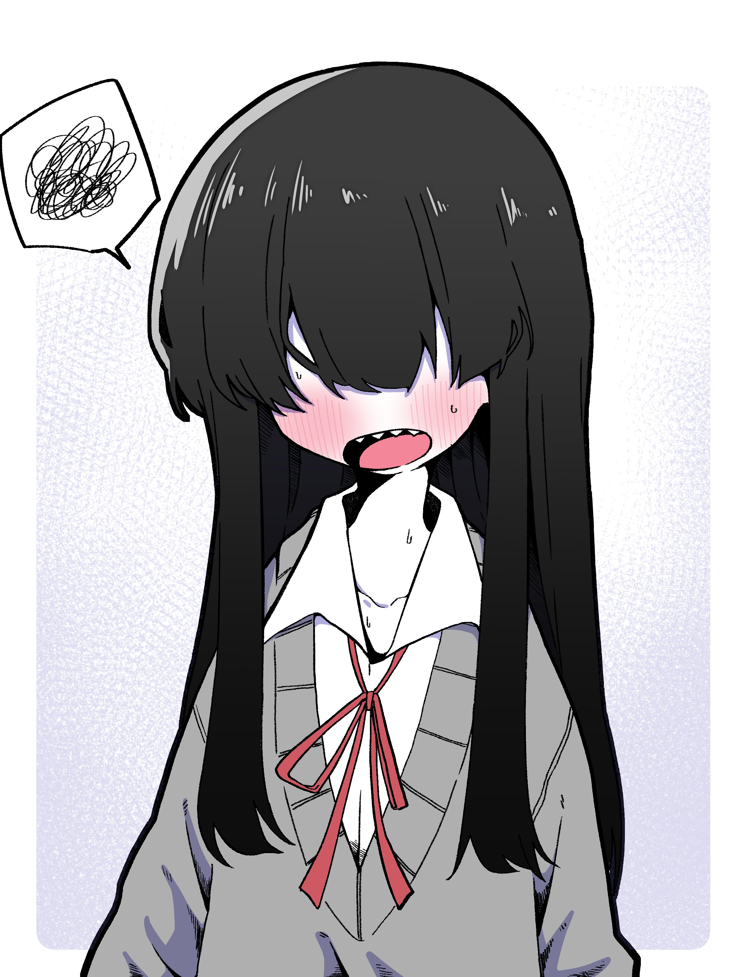 nezumizawa mitarashi, original, absurdres, highres, 1girl, black hair, blush, border, collarbone, collared shirt, grey sweater, jimiko, long hair, open mouth, outside border, oversized clothes, pale skin, sharp teeth, shirt, shy, solo, spoken squiggle, squiggle, sweatdrop, sweater, teeth, white border