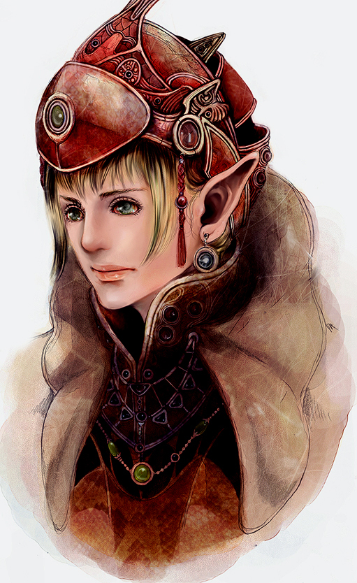 nakamura ching, 1girl, androgynous, armor, blonde hair, closed mouth, crown, expressionless, female focus, fur trim, lips, pointy ears, short hair, solo, tassel, upper body