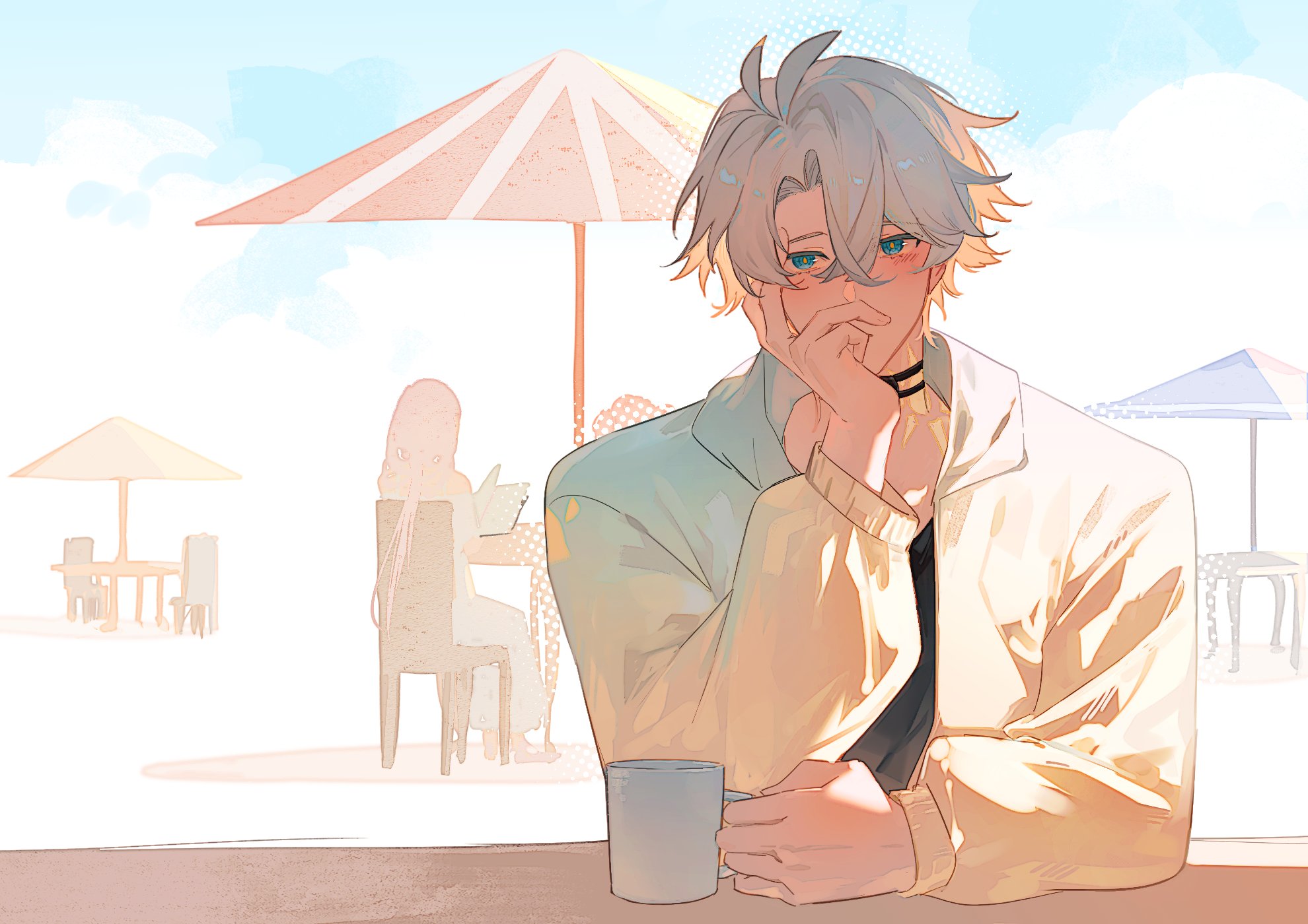phainon (honkai: star rail), honkai: star rail, honkai (series), hashtag-only commentary, highres, 1boy, antenna hair, black choker, blue eyes, blush, choker, cup, hand on own face, holding, holding cup, male focus, mianbao52473339, neck tattoo, parted bangs, short hair, solo, sun symbol, sun tattoo, sweater, tan, tattoo, white hair, yellow sweater