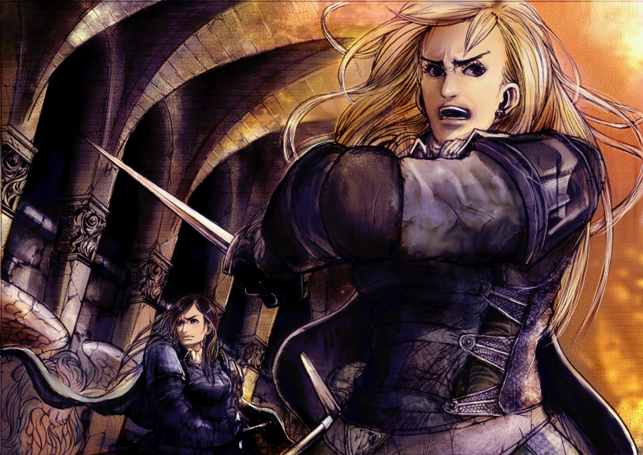 nakamura ching, tagme, 2girls, armor, dagger, knife, long hair, multiple girls, weapon