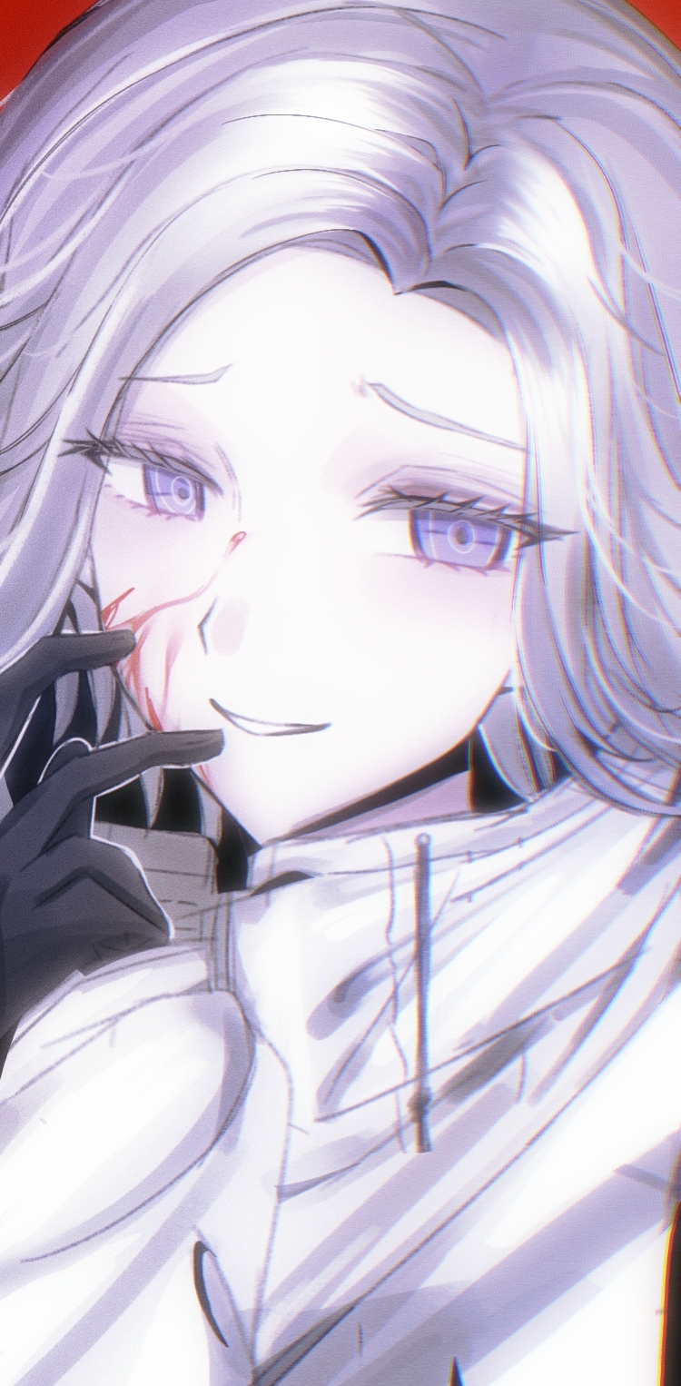 aotsuki eito, the hundred line -last defense academy-, chinese commentary, commentary request, highres, partial commentary, variant set, 1boy, black gloves, blood, blood on face, drawstring, gloves, grey hair, hand up, jacket, looking at viewer, male focus, portrait, psyborgdepsy, purple eyes, red background, short hair, simple background, smile, solo, white jacket