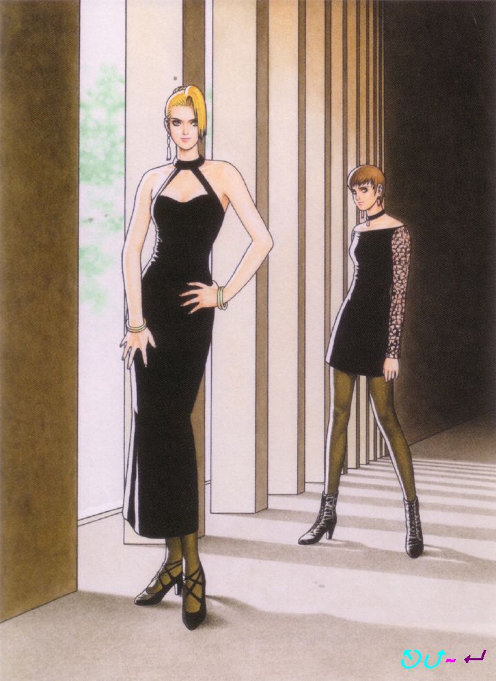 mori toshiaki, mature (kof), vice (kof), snk, the king of fighters, tagme, 2girls, black dress, blonde hair, boots, bracelet, brown hair, dress, earrings, full body, high heel boots, high heels, jewelry, multiple girls, pantyhose, shoes, short hair