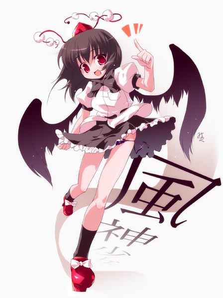miuku (marine sapphire), shameimaru aya, touhou, 1girl, female focus, geta, hat, solo, tengu-geta