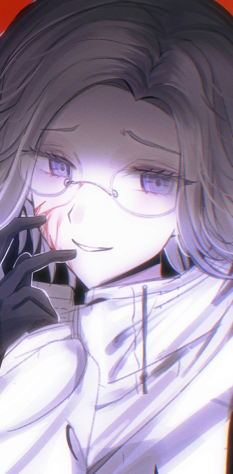 aotsuki eito, the hundred line -last defense academy-, chinese commentary, commentary request, highres, partial commentary, variant set, 1boy, black gloves, blood, blood on face, drawstring, glasses, gloves, grey hair, hand up, jacket, looking at viewer, male focus, portrait, psyborgdepsy, purple eyes, red background, shaded face, short hair, simple background, smile, solo, white jacket