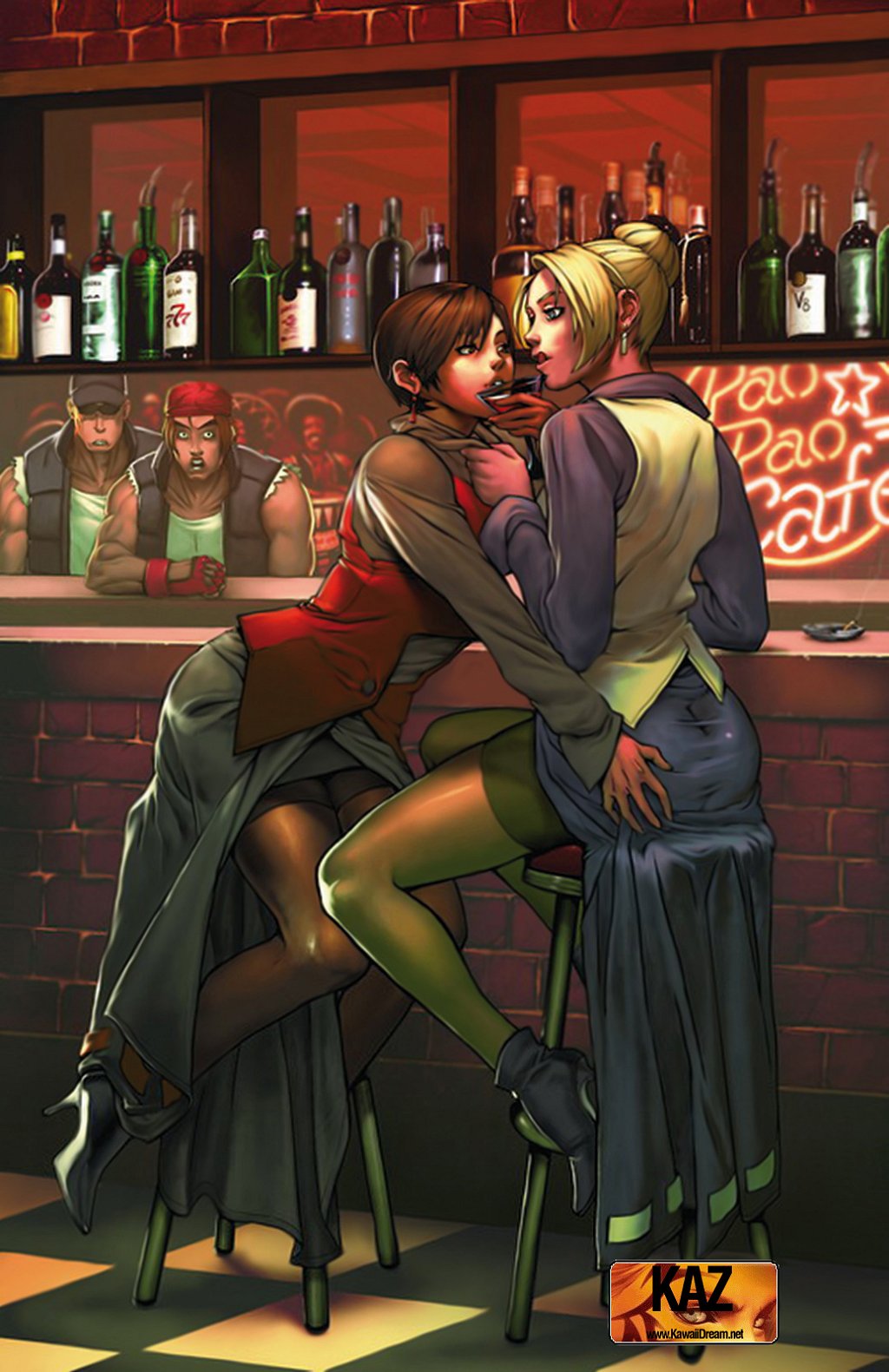 clark still, mature (kof), ralf jones, vice (kof), snk, the king of fighters, highres, 2boys, 2girls, alcohol, ass, bar (place), bar stool, black skirt, blonde hair, boots, bottle, brown hair, clothes grab, earrings, grabbing another's ass, groping, hair up, hat, high heels, jewelry, legs, lips, long legs, long skirt, multiple boys, multiple girls, muscular, necktie, necktie grab, neckwear grab, o o, pantyhose, pantyhose under shorts, seductive smile, shoes, shorts, shorts under skirt, skirt, smile, stool, tongue, vest, watermark, yuri
