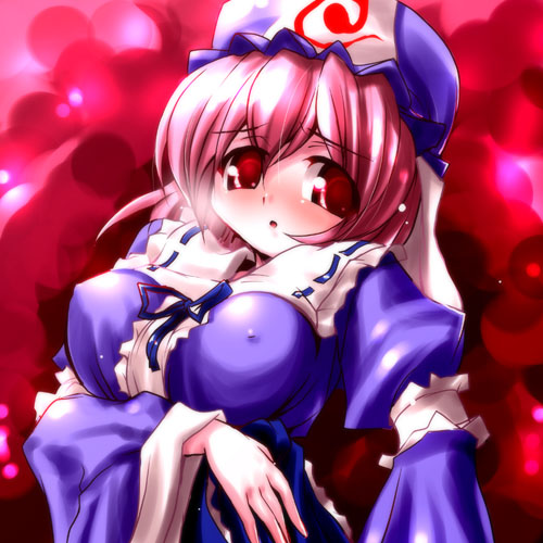 miuku (marine sapphire), saigyouji yuyuko, touhou, lowres, 1girl, :o, blush, breasts, capelet, covered erect nipples, female focus, hat, large breasts, looking at viewer, pink hair, red background, red eyes, solo, triangular headpiece, upper body, veil, wide sleeves