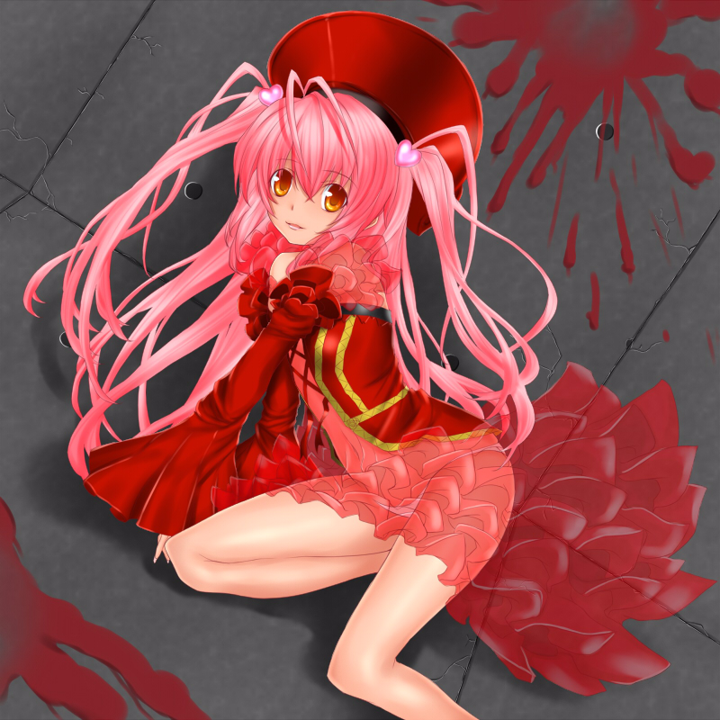 rokuichi, another blood, demonbane, 00s, 1girl, antenna hair, blood, dress, female focus, flat chest, hat, long hair, panties, pink hair, red theme, see-through clothes, solo, underwear, white panties, yellow eyes
