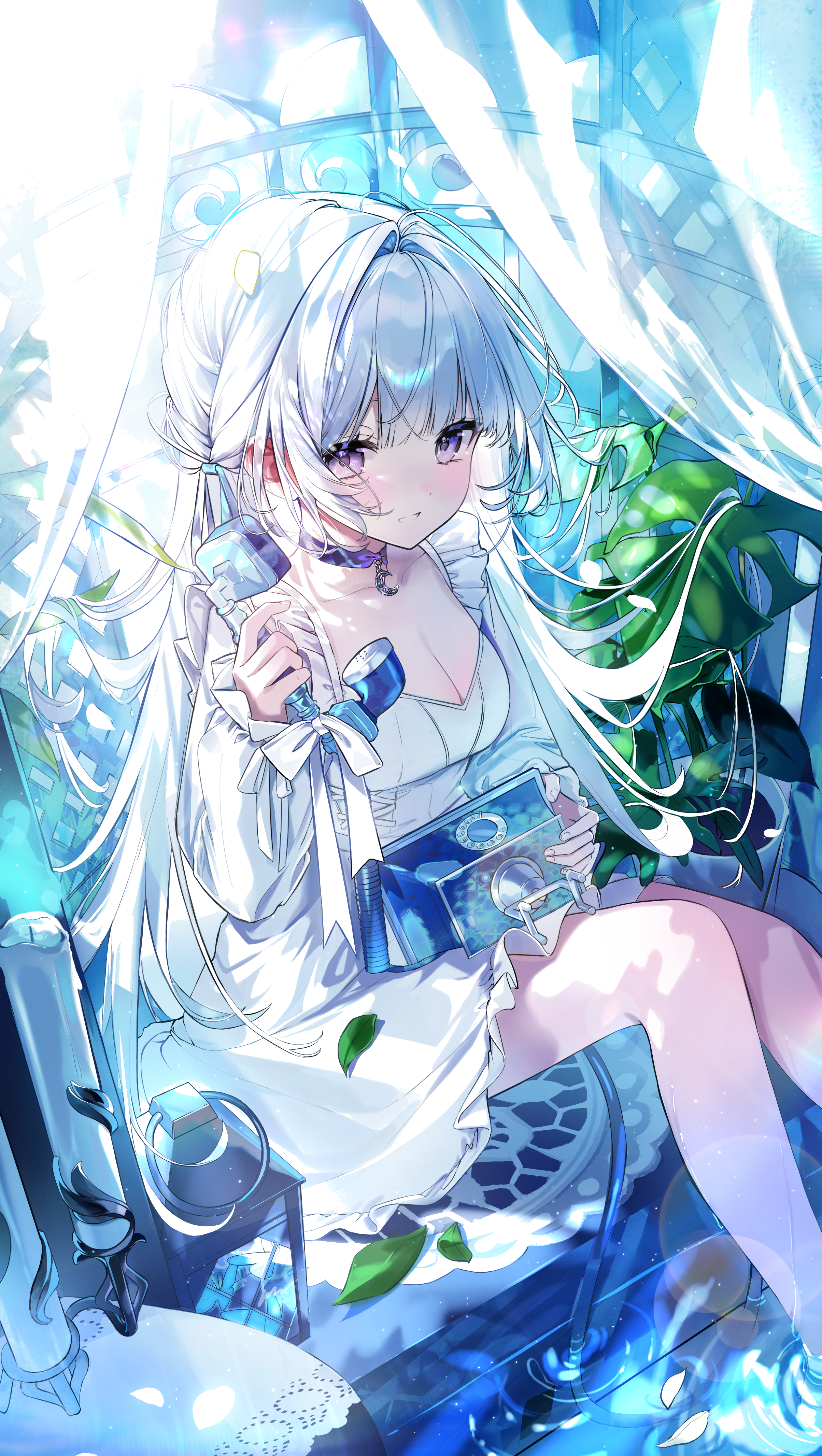 eumi 114, original, absurdres, commentary, highres, 1girl, antique phone, blush, breasts, choker, cleavage, collarbone, corded phone, dress, holding, holding phone, long hair, looking at viewer, medium breasts, phone, plant, purple choker, purple hair, rotary phone, sitting, solo, water, white dress, white hair