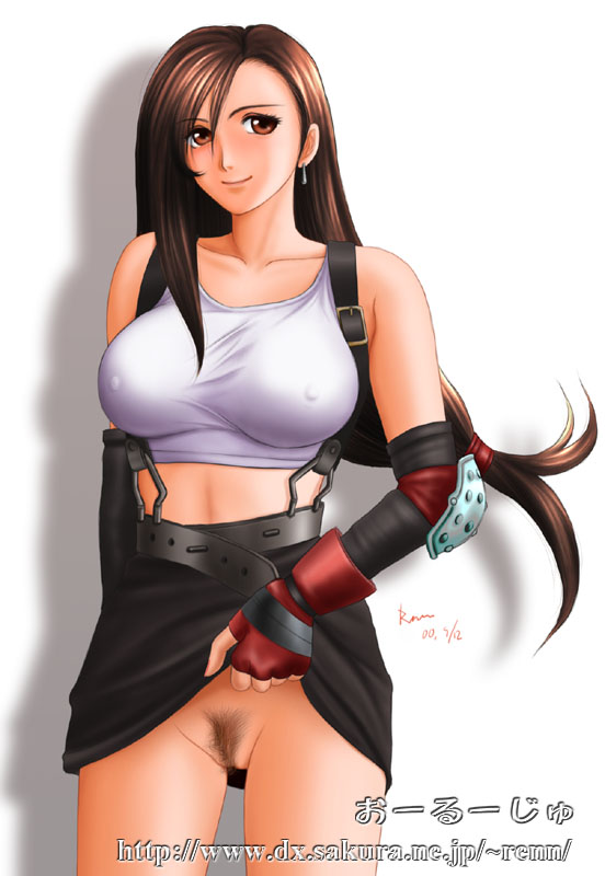 tifa lockhart, final fantasy, final fantasy vii, 1990s (style), 1girl, breasts, clothes lift, female focus, gloves, large breasts, nipples, no bra, no panties, pussy, retro artstyle, skirt, skirt lift, smile, solo, uncensored, white background