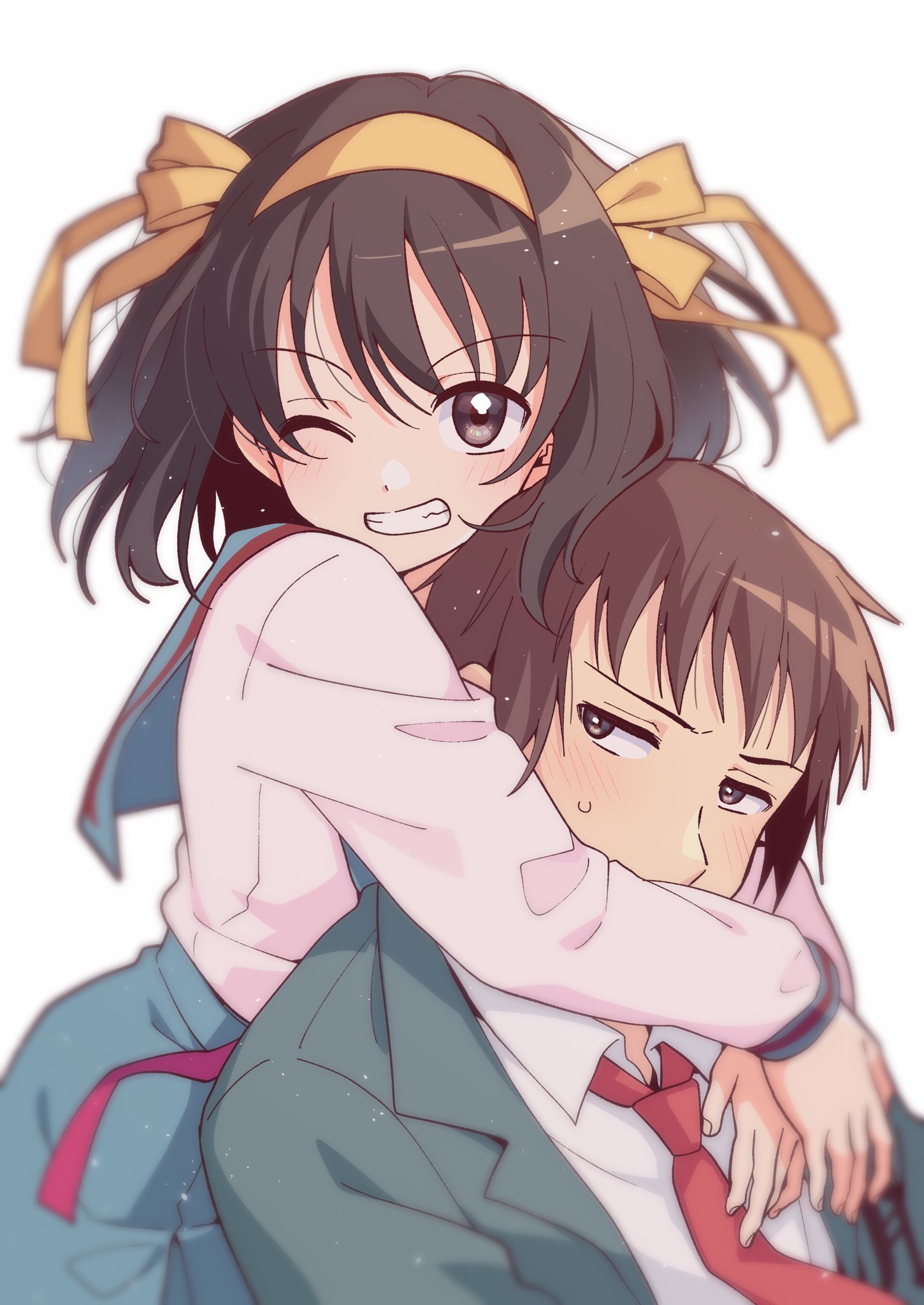 taiki (6240taiki), kyon, suzumiya haruhi, suzumiya haruhi no yuuutsu, commentary request, highres, 1boy, 1girl, blazer, blue sailor collar, blue skirt, blush, brown eyes, brown hair, collared shirt, green jacket, grin, hair ribbon, hairband, hug, hug from behind, jacket, kita high school uniform, long sleeves, looking at viewer, medium hair, necktie, one eye closed, open clothes, open jacket, red necktie, red ribbon, ribbon, sailor collar, school emblem, school uniform, serafuku, shirt, short hair, simple background, skirt, smile, sweatdrop, teeth, white background, white shirt, winter uniform, yellow hairband, yellow ribbon