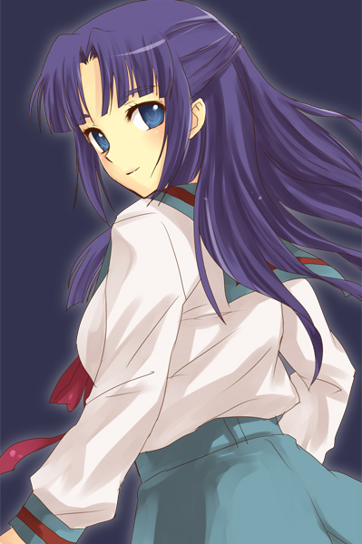hijiki (hijikini), hijikini, asakura ryoko, suzumiya haruhi no yuuutsu, 00s, 1girl, blue eyes, blue hair, female focus, half updo, matching hair/eyes, school uniform, serafuku, solo