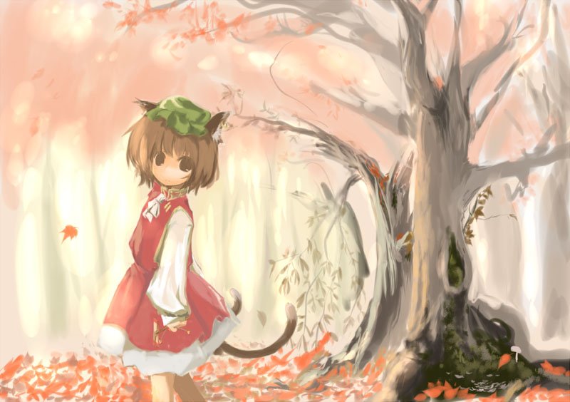 sanoharu, chen, touhou, bad id, bad pixiv id, 1girl, animal ears, autumn, brown eyes, brown hair, cat ears, cat girl, cat tail, earrings, female focus, forest, hat, jewelry, leaf, multiple tails, nature, outdoors, short hair, solo, tail, tree