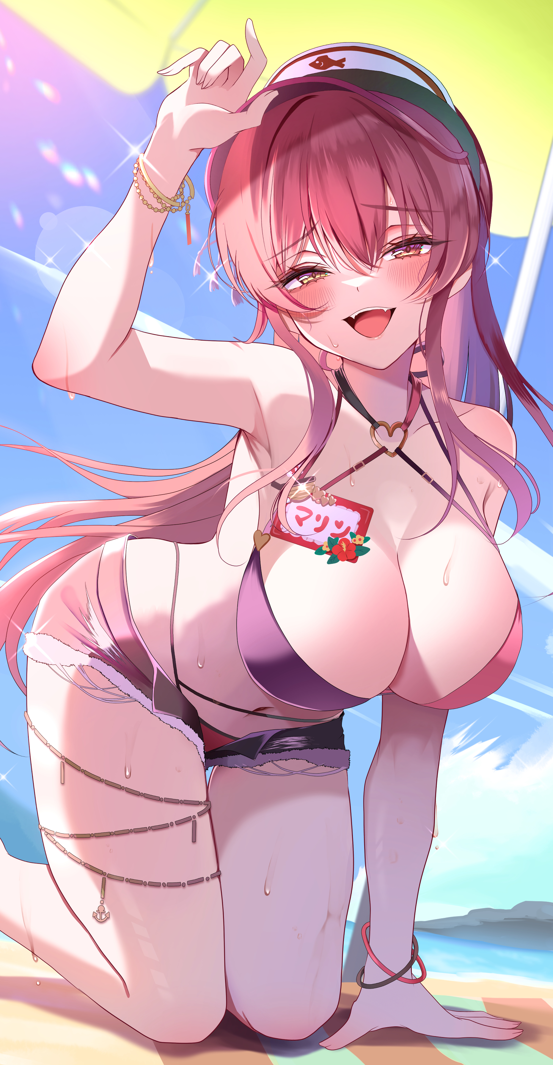 hinoki kahun0, houshou marine, houshou marine (holonatsu paradise), hololive, absurdres, commentary request, highres, 1girl, :d, beach, bikini, bikini under shorts, black bikini, blue sky, blush, bracelet, breasts, cleavage, cloud, criss-cross halter, day, flower, frayed shorts, hair between eyes, hair flower, hair ornament, halterneck, heart, heart o-ring, heterochromia, highleg, highleg bikini, jewelry, large breasts, long hair, looking at viewer, multi-strapped bikini top, multicolored bikini, navel, o-ring, o-ring bikini, official alternate costume, open fly, open mouth, outdoors, red bikini, red eyes, red hair, sky, smile, solo, swimsuit, thighlet, two-tone bikini, very long hair, virtual youtuber, visor cap, yellow eyes