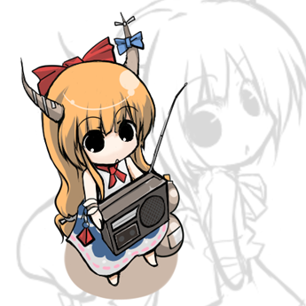 sanoharu, ibuki suika, touhou, bad id, bad pixiv id, lowres, 1girl, black eyes, bow, chibi, female focus, gourd, horns, multiple views, orange hair, radio, white background
