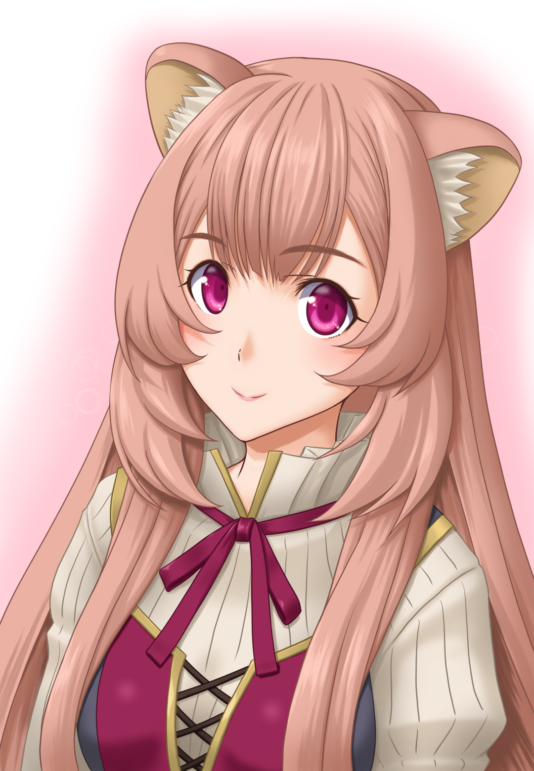 t2r, raphtalia, tate no yuusha no nariagari, commentary request, highres, 1girl, animal ear fluff, animal ears, black dress, brown hair, closed mouth, collared dress, double-parted bangs, dress, eyelashes, high collar, long hair, long sleeves, looking at viewer, neck ribbon, outer glow, pink eyes, pink lips, pinstripe dress, pinstripe pattern, portrait, raccoon ears, raccoon girl, red dress, red ribbon, ribbon, sleeveless, sleeveless dress, smile, solo, white background, white dress