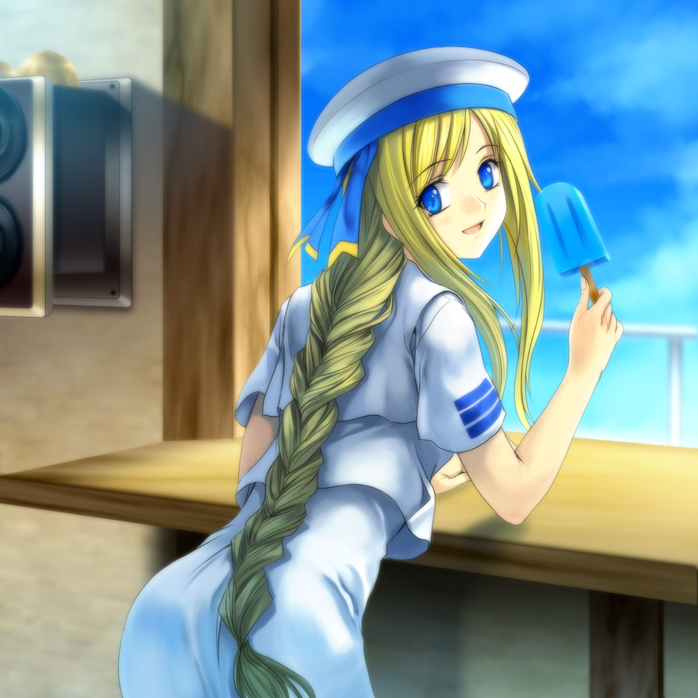 mutsuki (moonknives), alicia florence, aria (manga), square enix, 00s, blonde hair, blouse, blue eyes, braid, food, hat, long hair, popsicle, shirt, solo, white shirt
