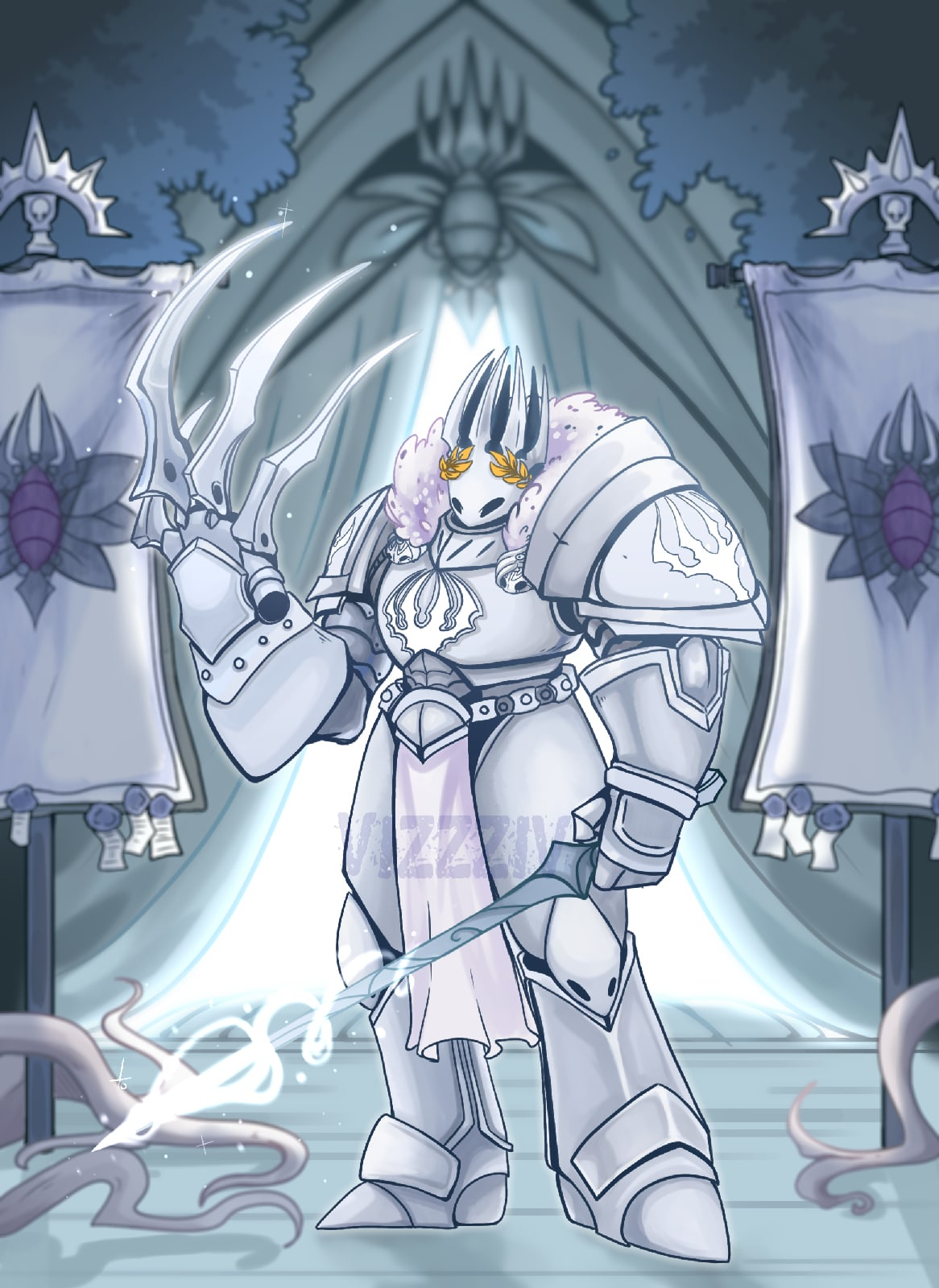 emperor of mankind, pale king (hollow knight), hollow knight, warhammer 40k, artist request, highres, 1boy, armor, banner, breastplate, claws, cosplay, emperor of mankind (cosplay), full armor, gauntlets, greaves, head wreath, holding, holding sword, holding weapon, mask, pauldrons, power armor, shoulder armor, solo, standing, sword, vizzziv20, weapon