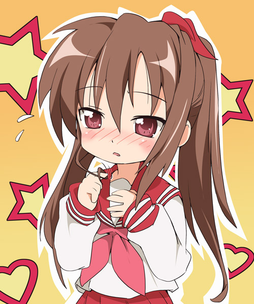 ixy, nagamori yamato, lucky star, 00s, 1girl, blush, brown hair, female focus, long hair, pink eyes, ponytail, school uniform, serafuku, solo, star (symbol), twirling hair, yellow background