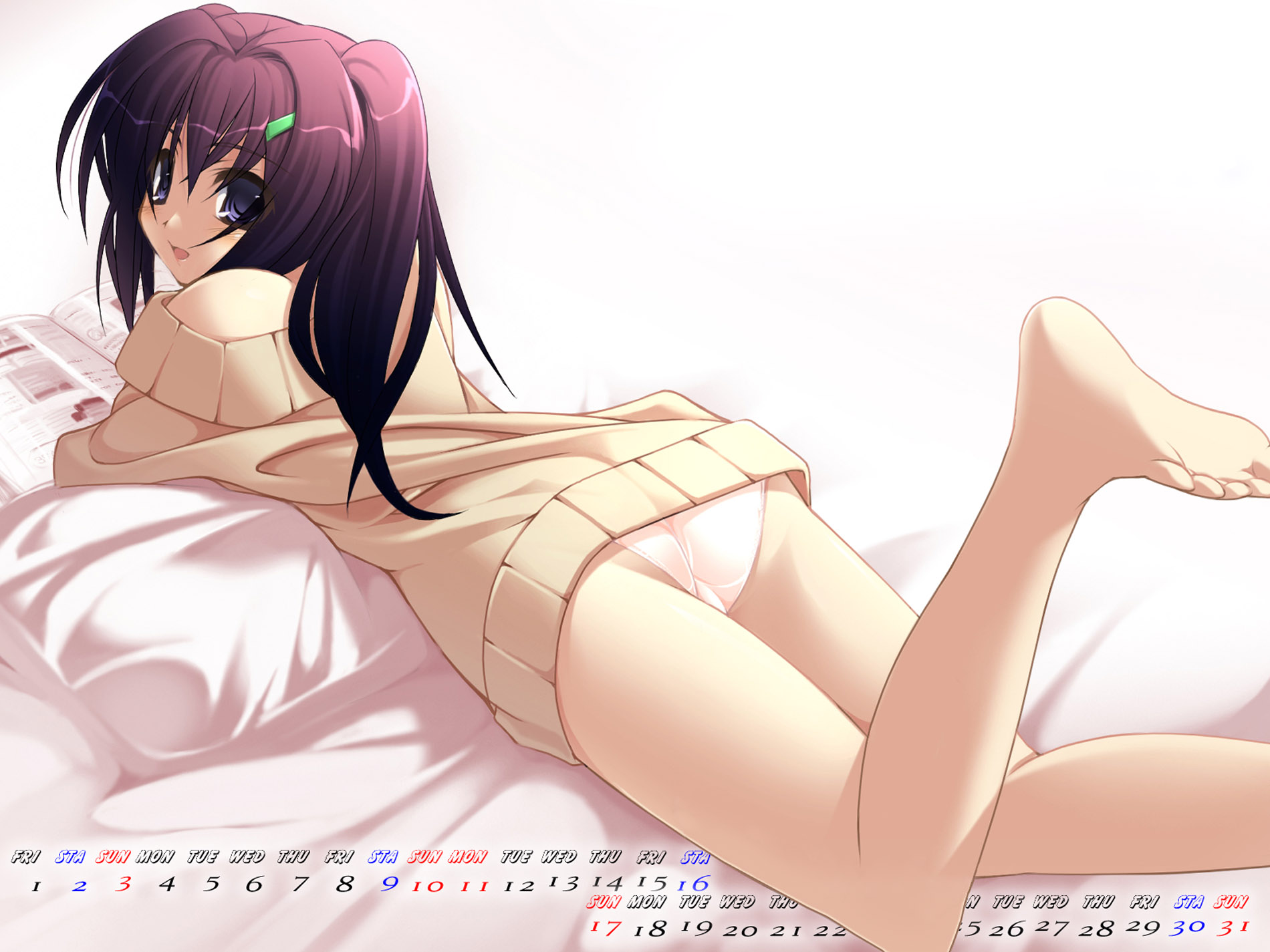 ninozen, highres, bed, calendar, lying, panties, pantyshot, pillow, reading, red hair, underwear