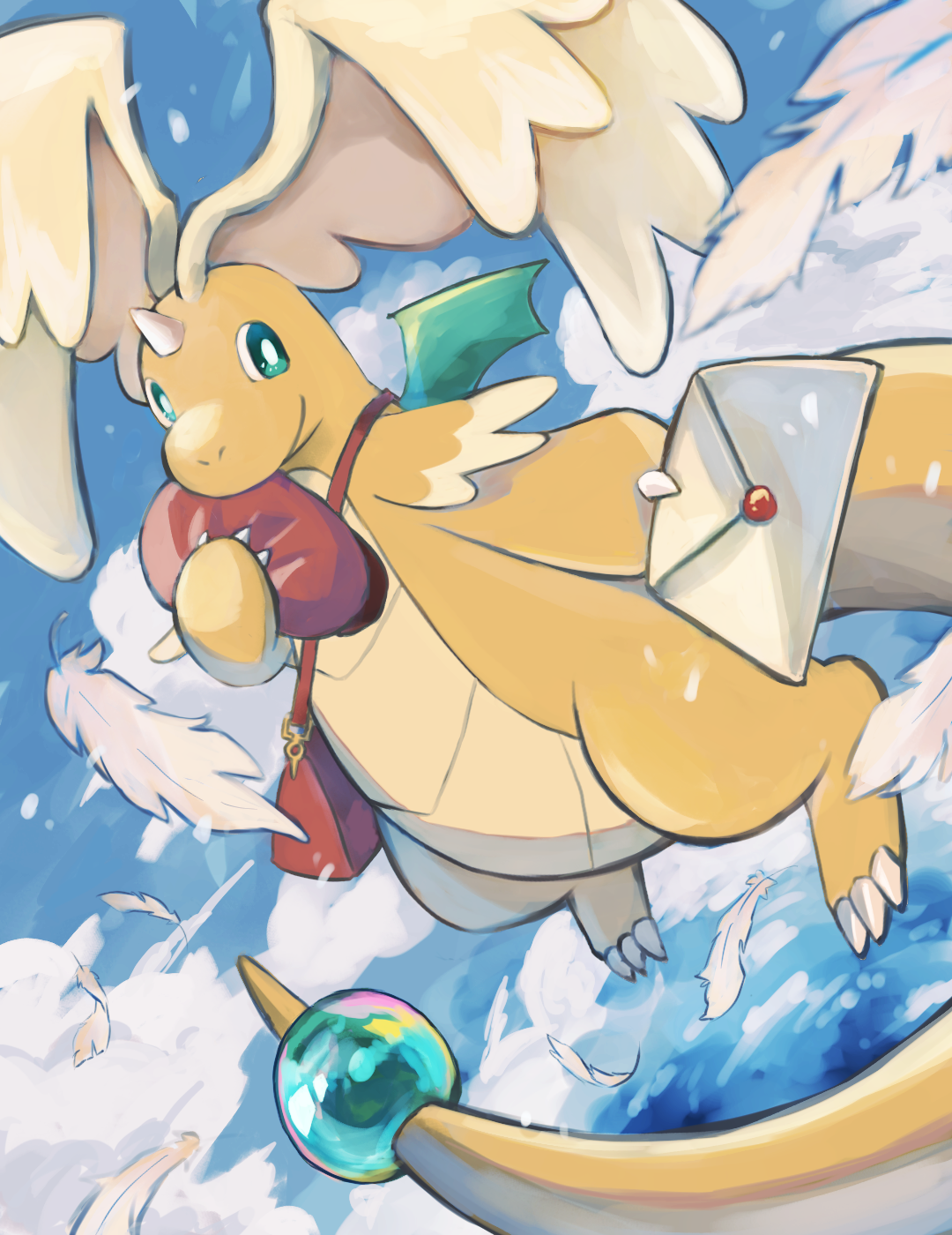 katiwari7293, dragonite, mega dragonite, nintendo, pokemon, commentary request, highres, bag, bright pupils, claws, closed mouth, cloud, day, envelope, falling feathers, feathers, gen 1 pokemon, green eyes, holding, no humans, outdoors, pokemon (creature), pokemon focus, red bag, shoulder bag, sky, smile, solo, white pupils