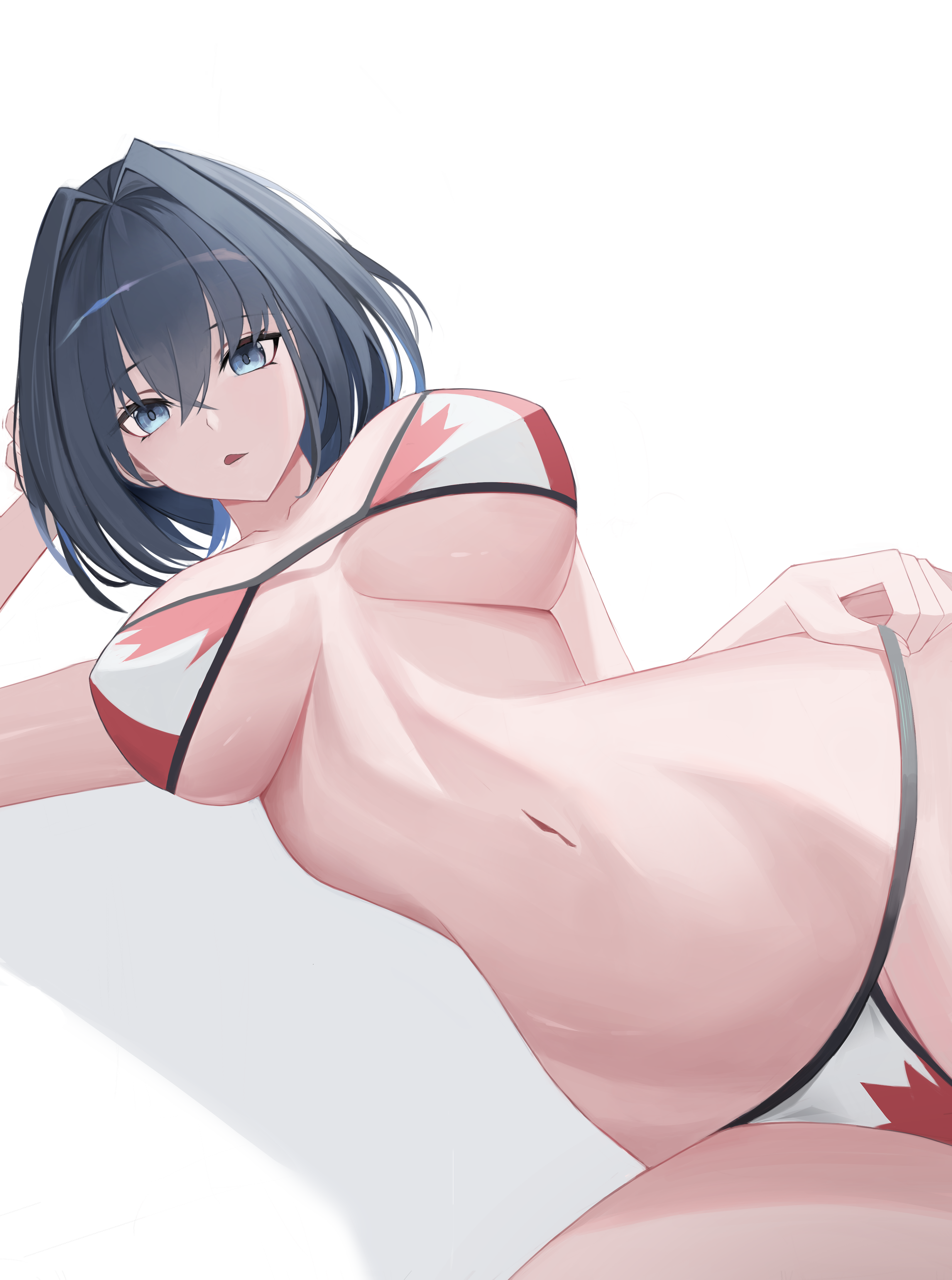 aliez, ouro kronii, hololive, hololive english, absurdres, highres, 1girl, bikini, black hair, blue eyes, blue hair, breasts, large breasts, looking at viewer, multicolored hair, navel, pulling own clothes, simple background, swimsuit, underboob, white background