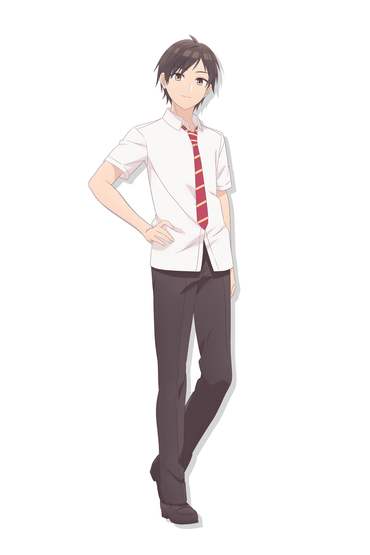 satou katsuyuki, ooboshi akiteru, tomodachi no imouto ga ore ni dake uzai, highres, official art, 1boy, ahoge, anime coloring, black hair, brown eyes, brown pants, brown shoes, closed mouth, collared shirt, diagonal-striped clothes, diagonal-striped necktie, dress shoes, full body, hand on own hip, head tilt, looking at viewer, necktie, pants, red necktie, school uniform, shirt, shoes, short hair, short sleeves, simple background, smile, solo, standing, striped clothes, tachi-e, transparent background, untucked shirt, white shirt