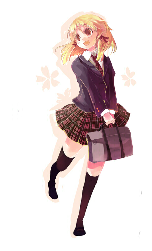 cis (carcharias), moriya suwako, touhou, 1girl, alternate costume, bag, black shoes, black thighhighs, blouse, collared shirt, contemporary, female focus, full body, holding, holding bag, miniskirt, necktie, own hands together, plaid clothes, plaid necktie, plaid skirt, red necktie, school uniform, serafuku, shirt, shoes, skirt, solo, thighhighs, white background, white shirt