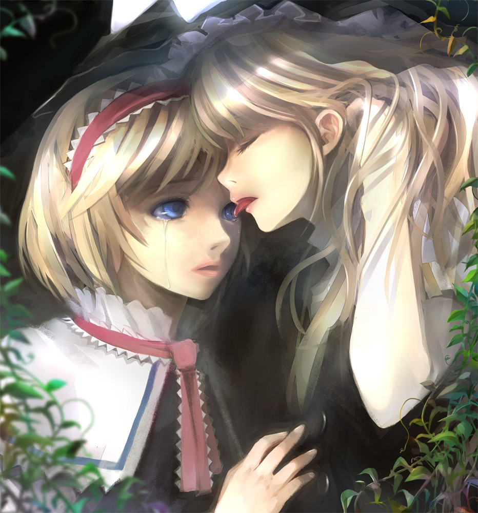 takashima, alice margatroid, kirisame marisa, touhou, 2girls, ascot, blonde hair, blue eyes, closed eyes, crying, eyelashes, face-to-face, female focus, frills, hairband, hand in own hair, hat, headband, leaf, licking, long hair, looking at another, multiple girls, nature, parted lips, pink lips, profile, short hair, tears, tongue, tongue out, tucking hair, upper body, yuri