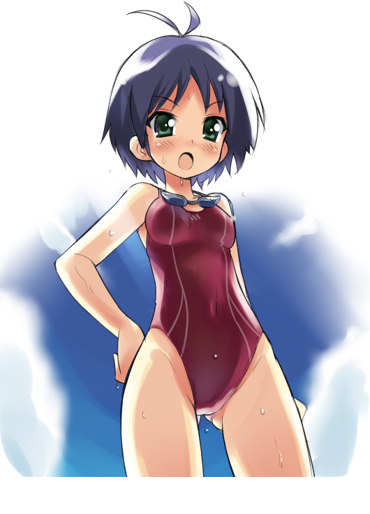aida takanobu, kikuchi makoto, idolmaster, idolmaster (classic), idolmaster 1, bad id, 00s, 1girl, :o, antenna hair, blush, competition swimsuit, covered navel, cowboy shot, embarrassed, female focus, from below, gluteal fold, goggles, goggles around neck, green eyes, hand on own hip, looking at viewer, looking down, one-piece swimsuit, open mouth, purple hair, purple one-piece swimsuit, single vertical stripe, solo, swimsuit, wet, wet clothes, wet swimsuit