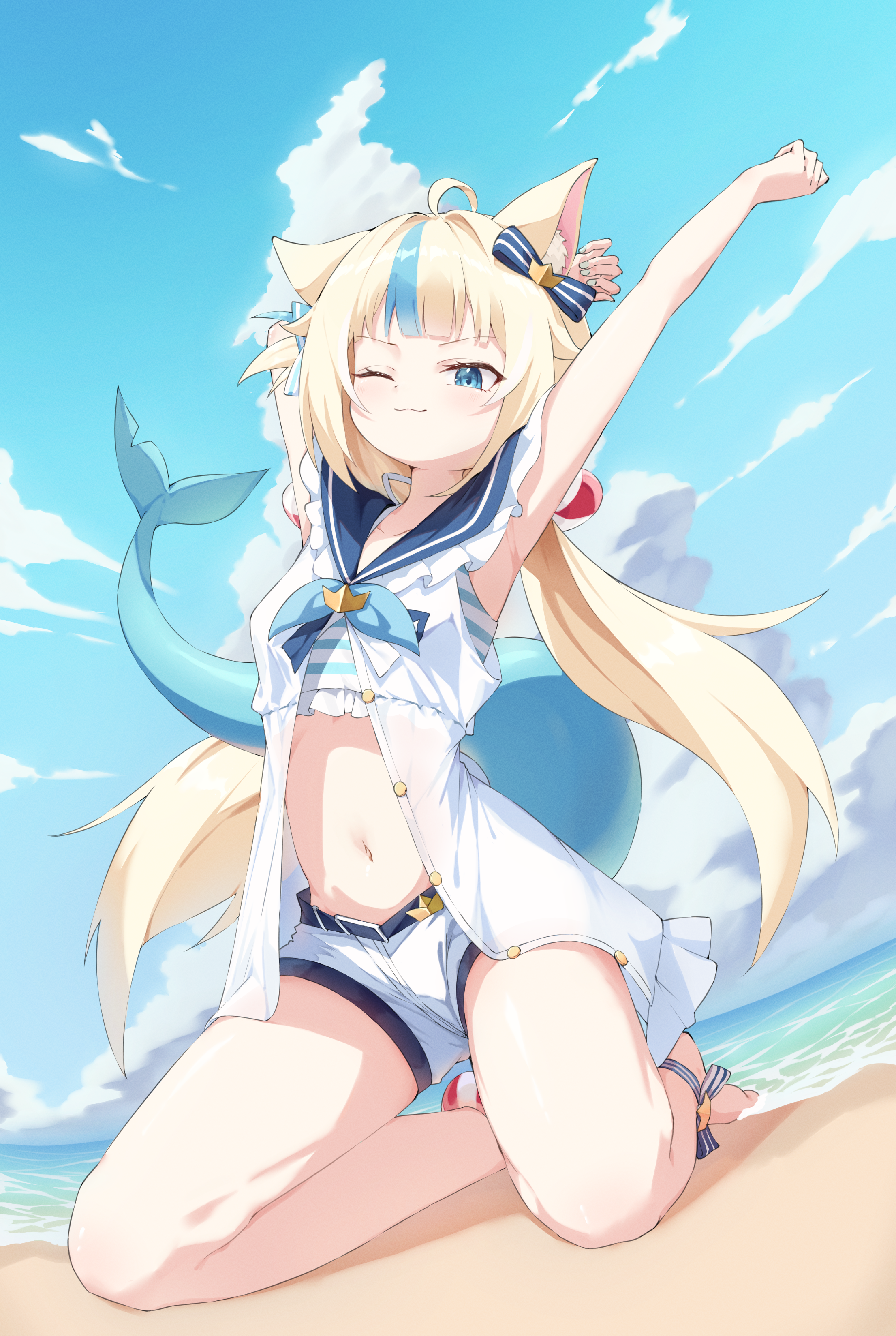 nonsal (pix62364634), sameko saba, indie virtual youtuber, absurdres, highres, 1girl, ahoge, animal ear fluff, animal ears, barefoot, beach, blonde hair, blue eyes, blue sailor collar, blue sky, blush, brooch, buttons, cat ears, cloud, cloudy sky, crown (symbol), dress, fins, fish tail, jewelry, kneeling, lifebuoy hair ornament, long hair, looking at viewer, low twintails, multicolored hair, one eye closed, open clothes, open dress, outdoors, sailor, sailor collar, shorts, sky, smile, solo, streaked hair, tail, twintails, very long hair, virtual youtuber, white dress, white shorts