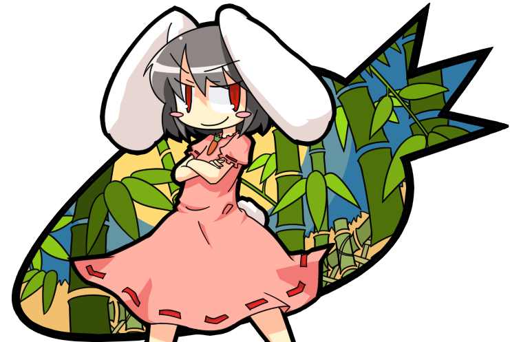 iyau, inaba tewi, phantasmagoria of flower view, touhou, 1girl, animal ears, bamboo, bamboo forest, black hair, blush stickers, carrot, chibi, crossed arms, dress, female focus, forest, jewelry, nature, necklace, pink dress, rabbit ears, red eyes, short hair, smirk, solo