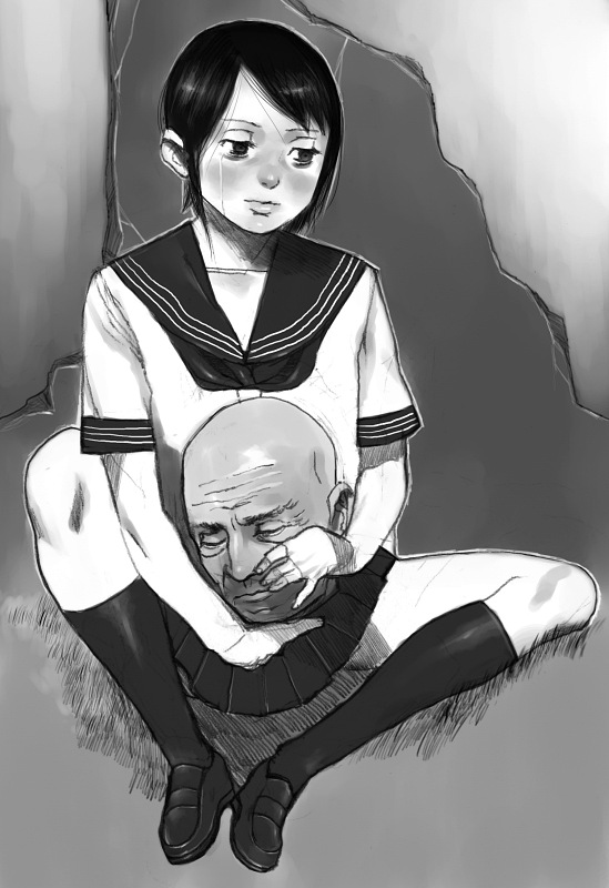 shiira, bad id, 1girl, bags under eyes, decapitation, female focus, greyscale, guro, meme, monochrome, nice boat (meme), severed head, solo, tears