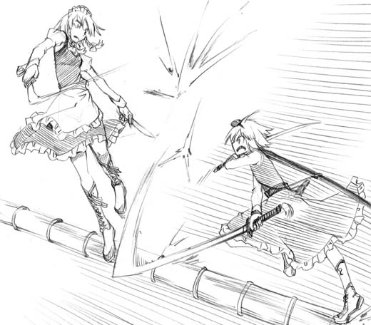 hikawa shou, izayoi sakuya, konpaku youmu, touhou, 2girls, bamboo, battle, female focus, greyscale, katana, knife, monochrome, multiple girls, sketch, sword, throwing knife, weapon