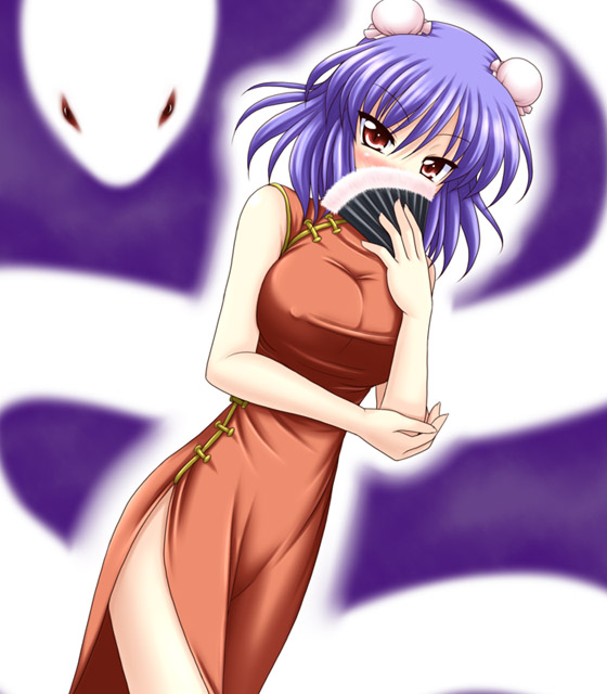 bococho, mishaguji, yasaka kanako, touhou, 1girl, bare shoulders, blue hair, blush, breasts, bun cover, china dress, chinese clothes, covered erect nipples, covering face, covering own mouth, covering privates, crossed arms, double bun, dress, embarrassed, feather fan, female focus, folding fan, hair bun, hand fan, large breasts, side slit, snake, solo